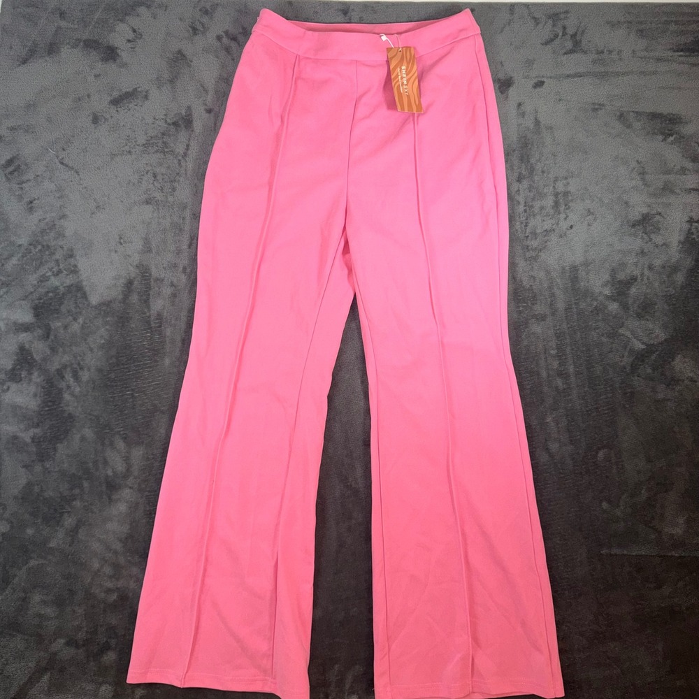 NWT Women Large SHEIN SXY Flare Pants Pink NEW High Waist Seam Wide Leg Trousers